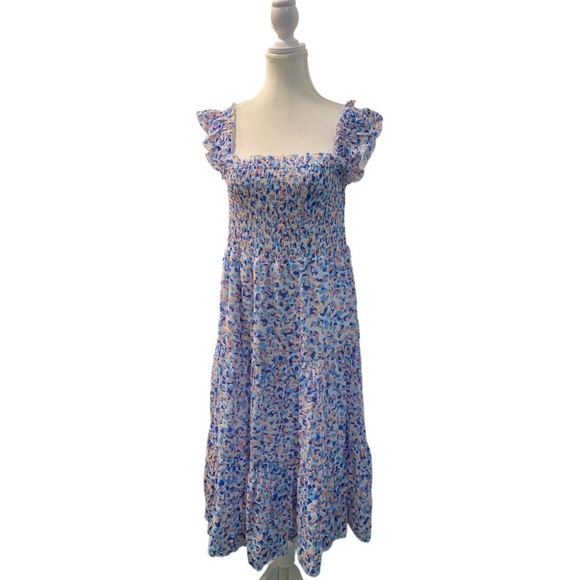 NANETTE LEPORE Light Blue & Pink Midi Sundress Square Neck Flutter Sleeve Size M - Picture 3 of 7